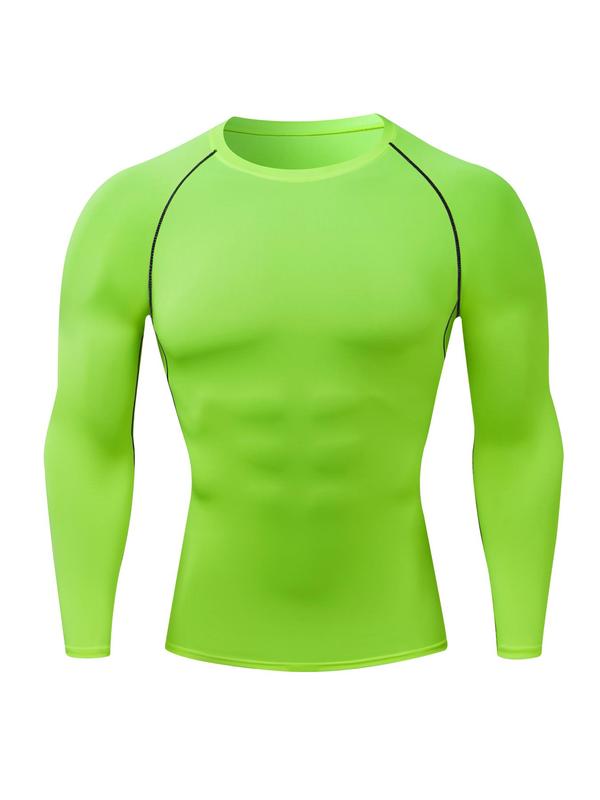 Men's Solid Round Neck Sports Tee, Tight Quick Drying Long Sleeve Crew Neck T-Shirt for Gym Workout Running, Casual Sporty Top for Spring & Fall