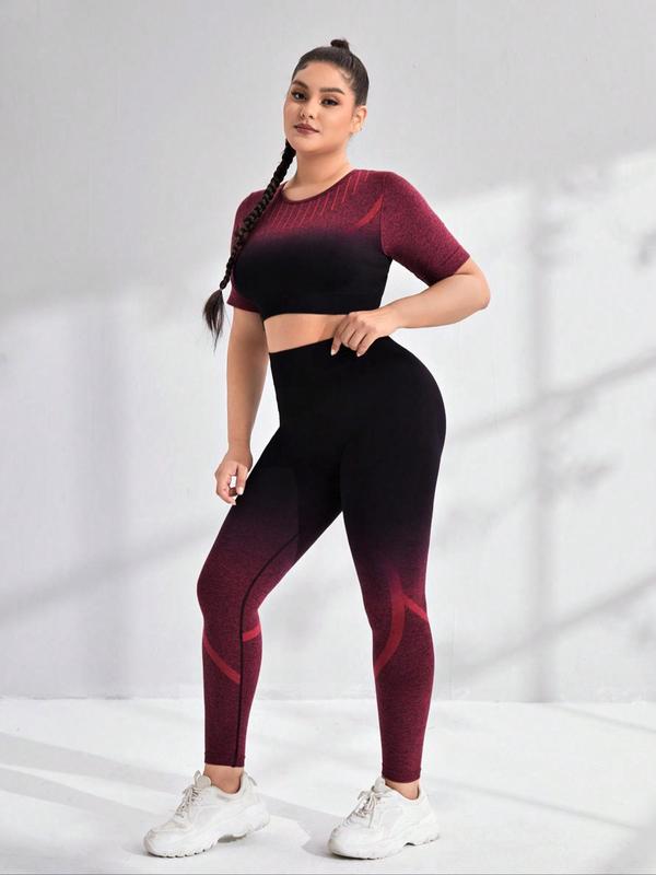 Women's Plus Size Ombre Print Tracksuit Set, Sporty Short Sleeve T-shirt & High Waist Skinny Pants Two-piece Outfits, Women's Plus Size Sportswear