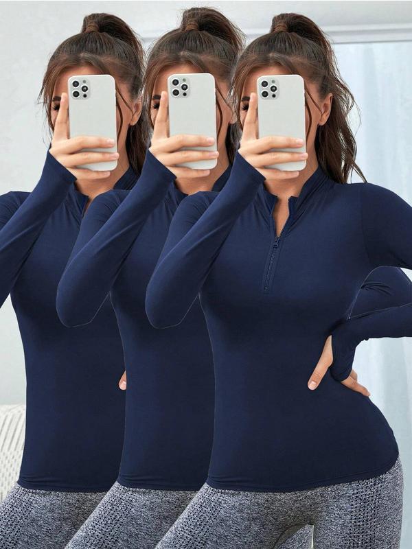 Women's Solid Zip Up Sports Sweatshirt, Sporty Long Sleeve Stand Collar Top for Yoga Gym Workout, Ladies Sportswear for All Seasons