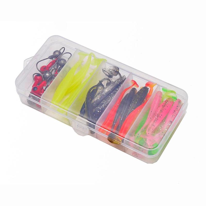 Fishing Lure Set, 40pcs box T-tail Paddle Tail Fish Soft Worm Soft Bait with Hook, Fake Bait Outdoor Fishing Accessories