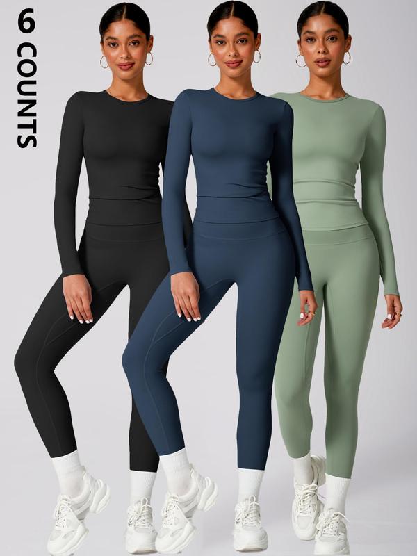 Women's Solid Long Sleeve Tee & High Waist Leggings Tracksuit Set, Sporty Casual Comfy Breathable Outfits for Yoga Gym Workout Running,  Gym Sets for Women, Ladies Fall & Winter Sportswear