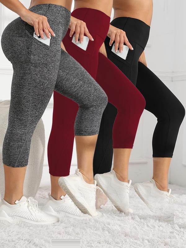 Plus Size Solid Pocket Sports Capri Leggings, Breathable Comfortable High Stretch Yoga Leggings, Ladies Sportswear for Indoor Outdoor Wear