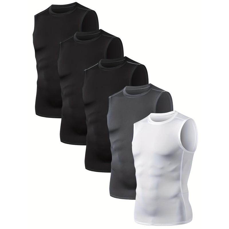 5 Pack Mens Sleeveless Compression Athletic Tank Tops - Moisture-Wicking, Medium Stretch, Quick-Drying, Breathable, Regular Fit - Ideal for Basketball, Running, Hiking, Outdoor Training, Casual Wear in Spring, Summer, Fall and Winter