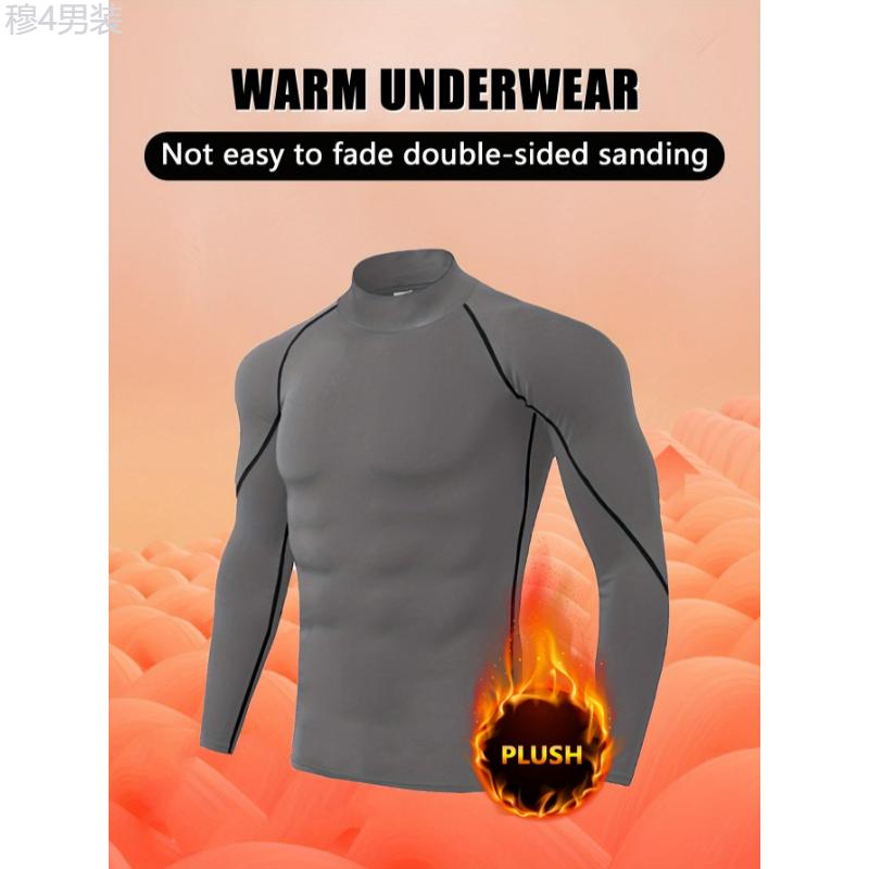 Long Sleeve Men's High Elasticity Stand Collar Thermal Compression Sport Shirt - Breathable, Quick-Dry Running & Workout Top For Fall Winter