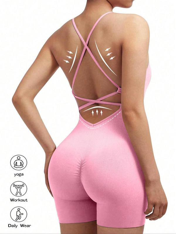 Women's Solid Criss Cross Backless Sports Romper, High Stretch Seamless Quick Drying Ruched Breathable Sports Jumpsuit For Yoga Gym Workout, Ladies Sportswear For All Seasons, Tummy Control