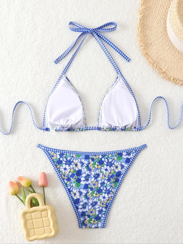 Two-Piece Set Women's Floral Print Contrast Binding Halter Wireless Triangle Bikini Top & Tie Side Swim Thong Bikini Set, Casual Fashion Chic Swimwear Set for Beach Holiday Vacation, Ladies Summer Clothes