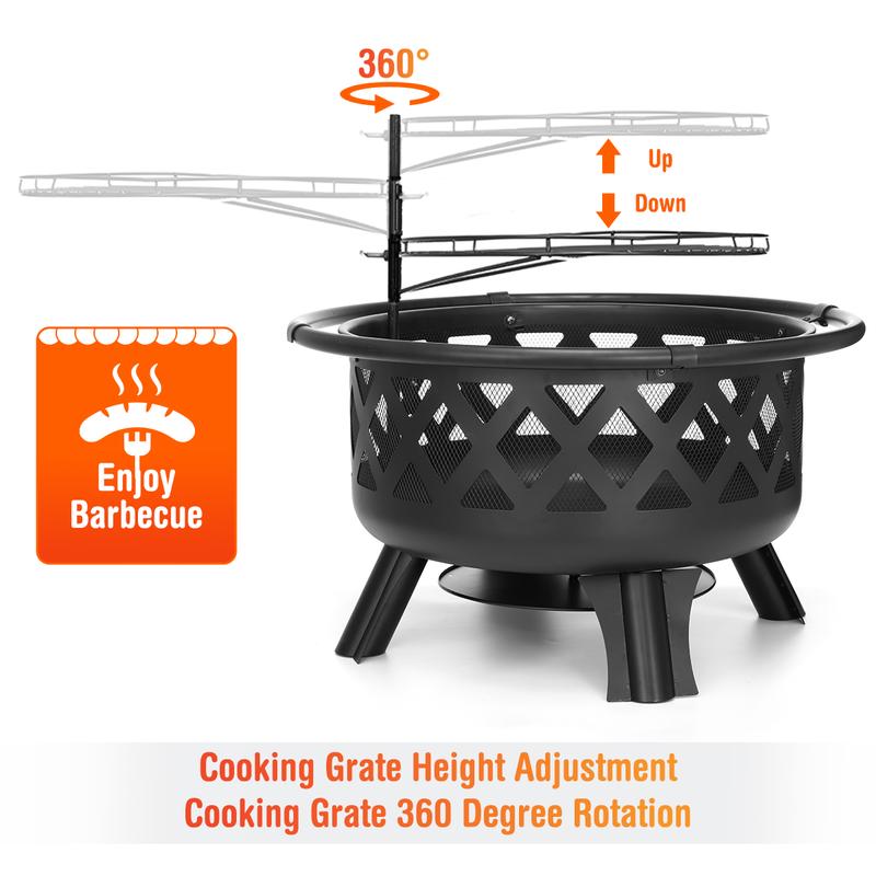 22-30 inch Fire Pit for Outside 2 in 1 BBQ Wood Burning Fire Pit for Outdoor Camping Large Fire Pit Wood Bowl Firepit with Grate Spark Screen Log Grate