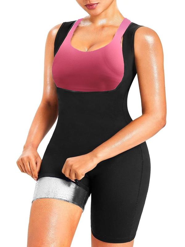 Women's Solid Sleeveless Sports Sauna Romper, Comfortable Breathable Tight-fitting Tummy Control Sports Romper for Yoga Gym Workout One-Piece Outfits, Ladies Sportswear Fall Fallfreshness Clothes Body Suits Tummy Control