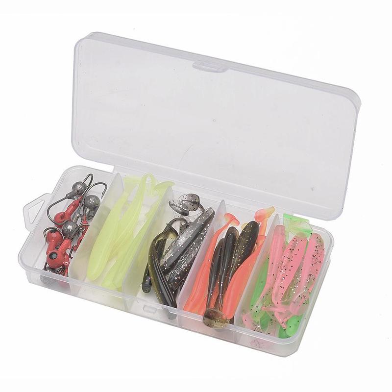 Fishing Lure Set, 40pcs box T-tail Paddle Tail Fish Soft Worm Soft Bait with Hook, Fake Bait Outdoor Fishing Accessories