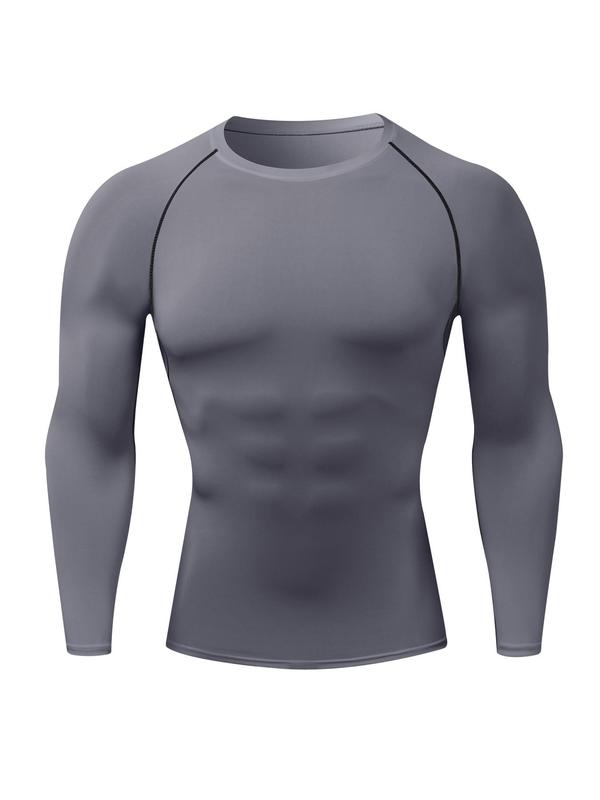 Men's Solid Round Neck Raglan Sleeve Sports Tee, Tight Quick Drying Long Sleeve Crew Neck T-shirt, Compression Shirts, Gym Tops, Back To School Tops, Sportswear Clothing Workout Tops for Gym Workout Running, Fallfreshness Clothes