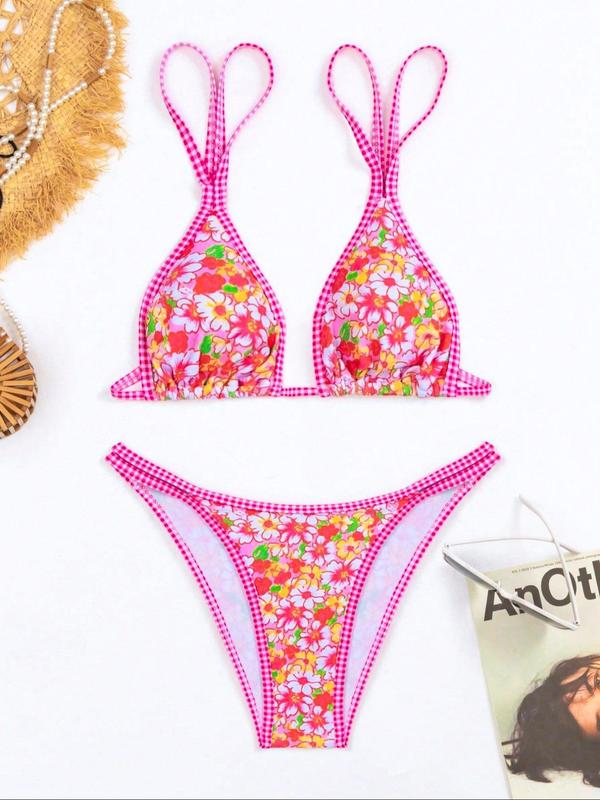 Women's Floral Print Bikinis Set, Double Adjustable Spaghetti Strap Design Tie Back Wireless Triangle Swim Bra & High Cut Swim Panty Two-piece Swimsuit for Beach Holiday Vacation, Fashion Chic Ladies Bathing Suit for Summer