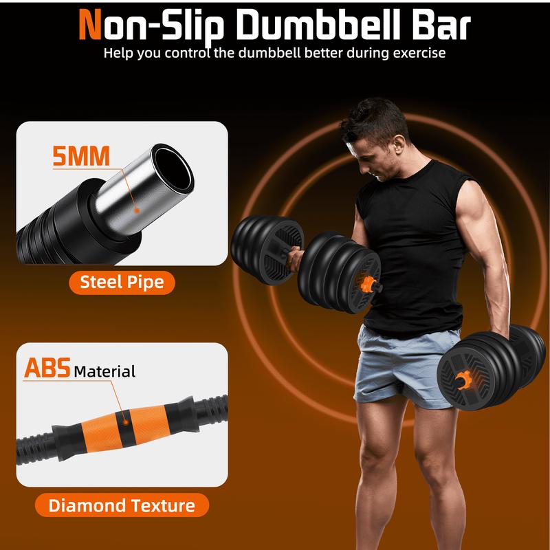 66LBS 4 in 1 Adjustable Dumbbell Set with Connecting Rod Used as Barbell, Kettlebells, Push up Stand, Fitness Exercises for Home Gym, Orange