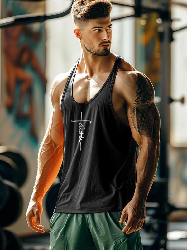 Men's Letter Print Scoop Neck Tank Top, Casual Sleeveless Top for Summer, Graphic Tees, Fashion Men's Streetwear Clothes for Gym Workout Running Training