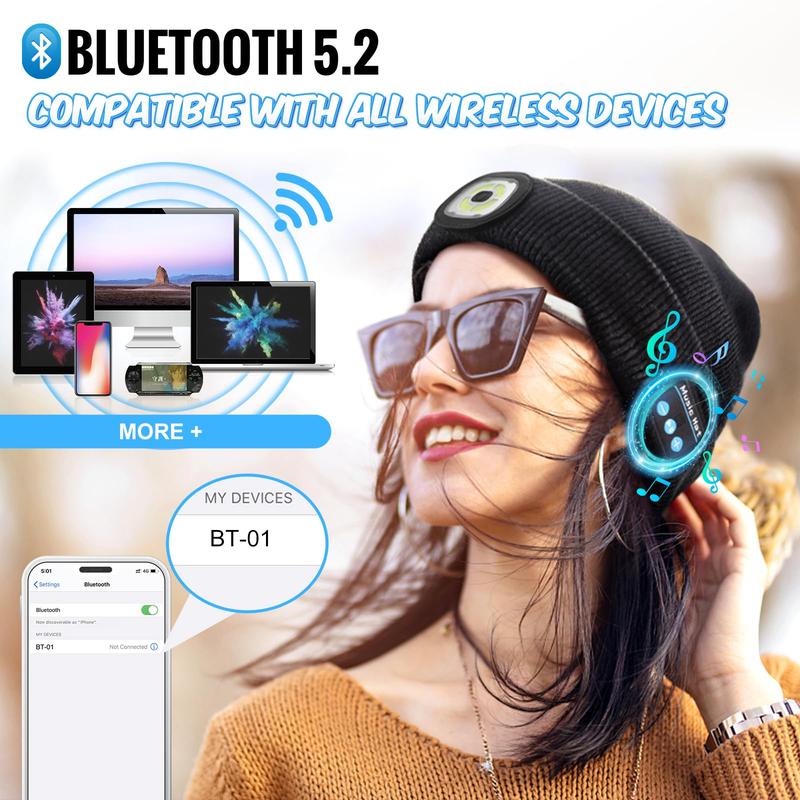 Bluetooth Beanie Hat Flashlight, LED Light Up Beanie Music Flashlight Hat with Earphones