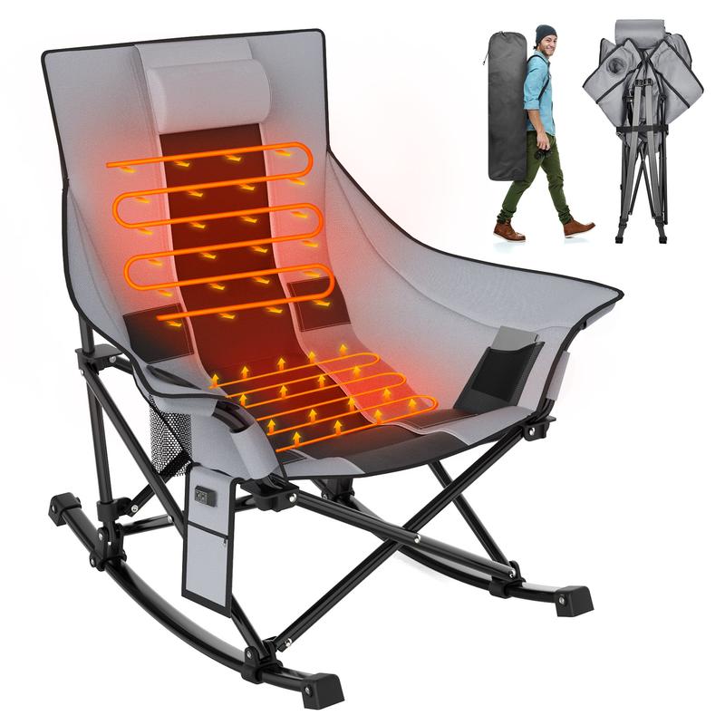 Heated Camping Rocking Chair-Black and Gray Spliced Color, Portable Outdoor Rocker with Heating Function, Perfect for Camping（no battery） Tailgating,