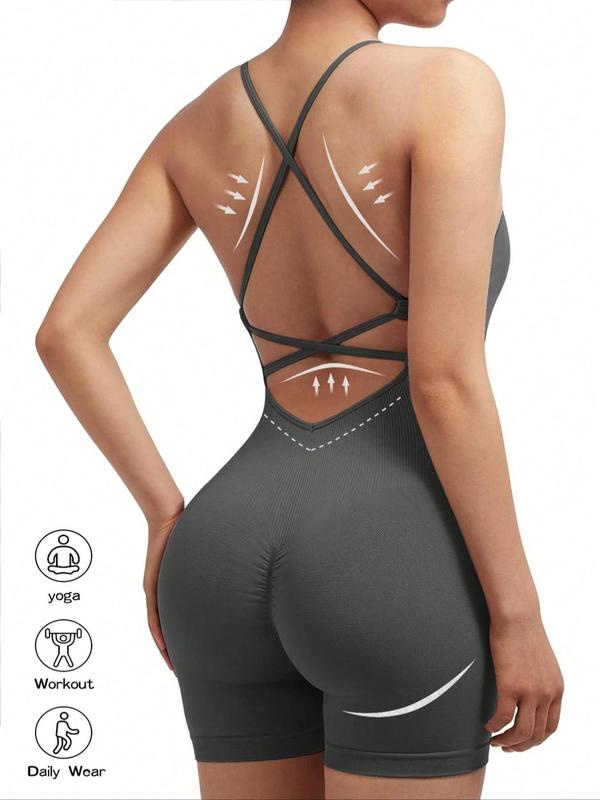 Women's Solid Criss Cross Backless Sports Romper, High Stretch Seamless Quick Drying Ruched Breathable Sports Jumpsuit For Yoga Gym Workout, Ladies Sportswear For All Seasons, Tummy Control