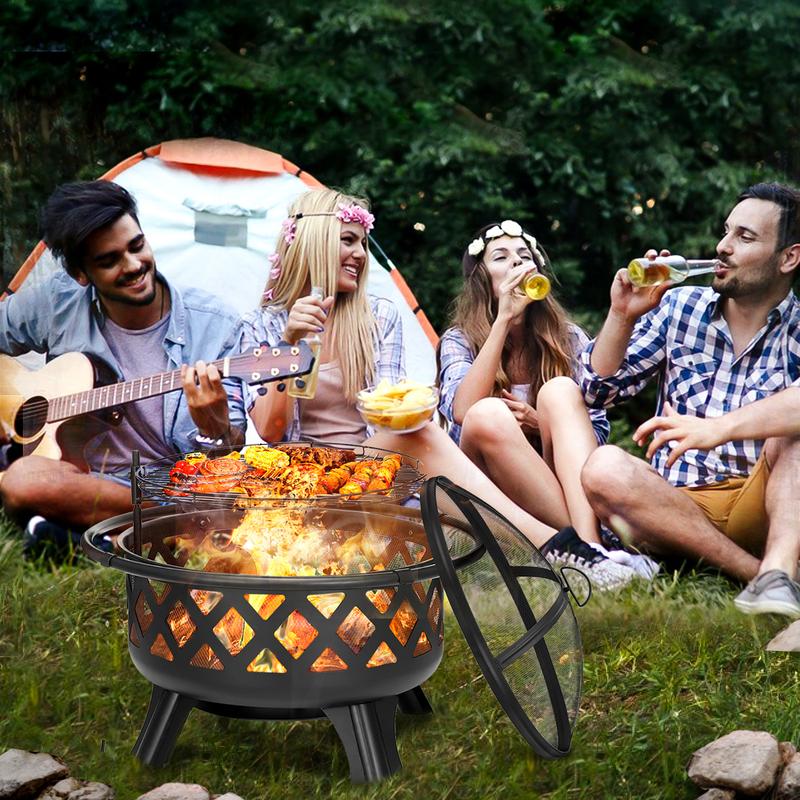 22-30 inch Fire Pit for Outside 2 in 1 BBQ Wood Burning Fire Pit for Outdoor Camping Large Fire Pit Wood Bowl Firepit with Grate Spark Screen Log Grate