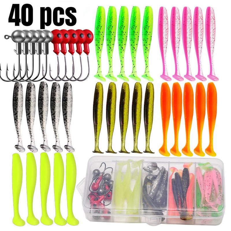 Fishing Lure Set, 40pcs box T-tail Paddle Tail Fish Soft Worm Soft Bait with Hook, Fake Bait Outdoor Fishing Accessories