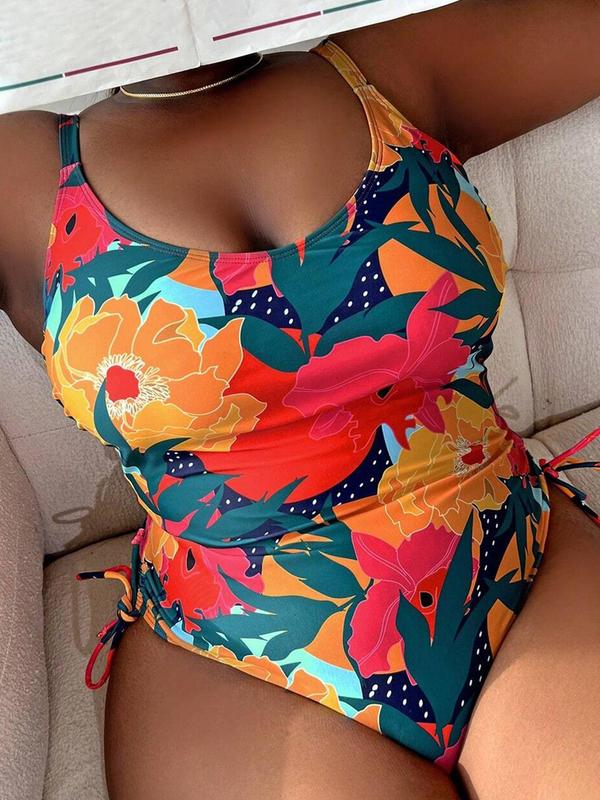 Plus Size Floral Print Drawstring One-piece Swimsuit, Boho Adjustable Strap Scoop Neck Swimwear, Women's Swimsuit for Summer