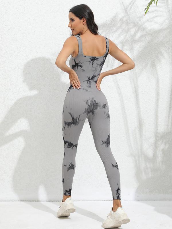 Women's Tie Dye Print Sports Jumpsuits, Sport Sleeveless Square Neck Jumpsuit, Ladies Sportswear Clothing for Indoor Outdoor Wear