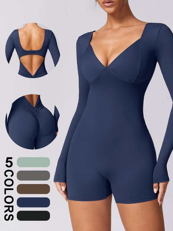 TIMEOFF One Piece Workout Jumpsuits for Women Backless Tummy Control Long sleeves Jumpsuits Sexy Backless Butt Lift Yoga Shorts Romper yoga legging