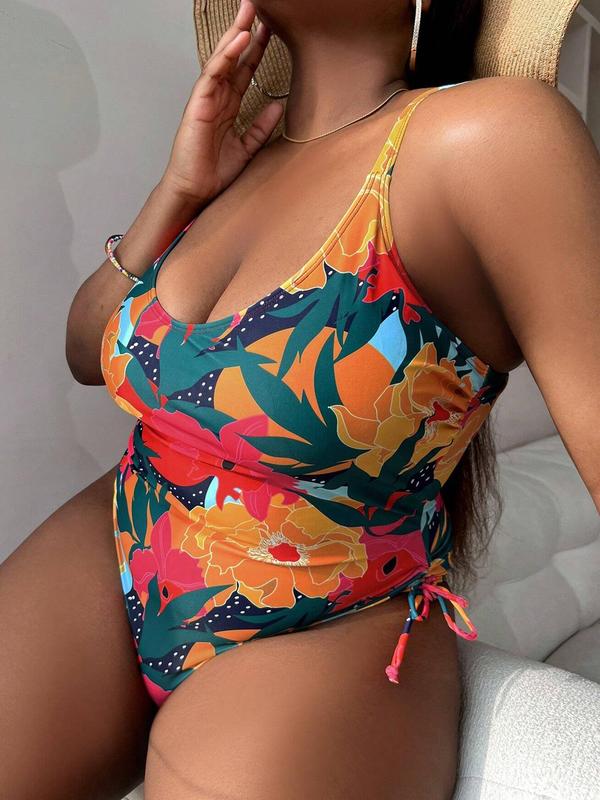 Plus Size Floral Print Drawstring One-piece Swimsuit, Boho Adjustable Strap Scoop Neck Swimwear, Women's Swimsuit for Summer