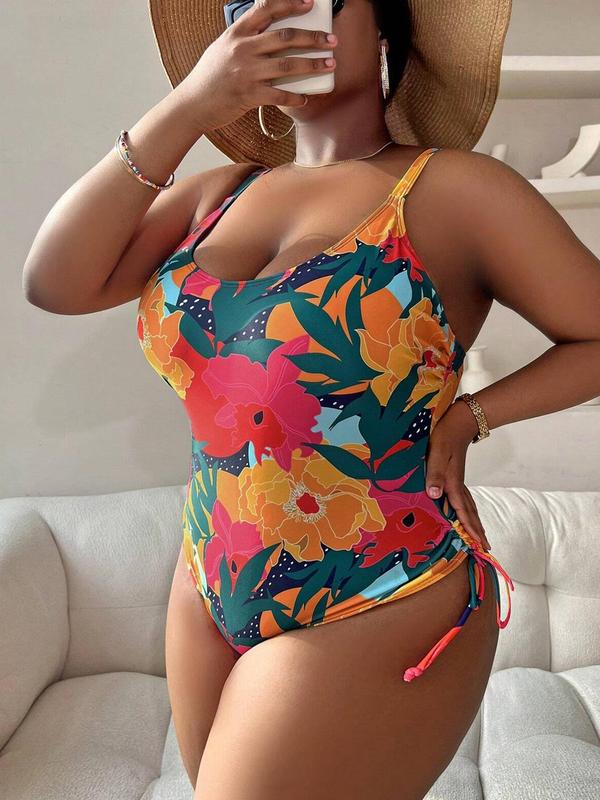 Plus Size Floral Print Drawstring One-piece Swimsuit, Boho Adjustable Strap Scoop Neck Swimwear, Women's Swimsuit for Summer