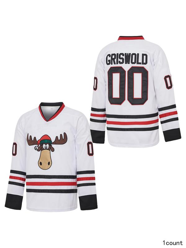 Men's Moose & Striped Embroidery Hockey Jersey, Casual Long Sleeve V Neck Sports Top for All Seasons, Fashion Men's Sportswear for Outdoor Activities