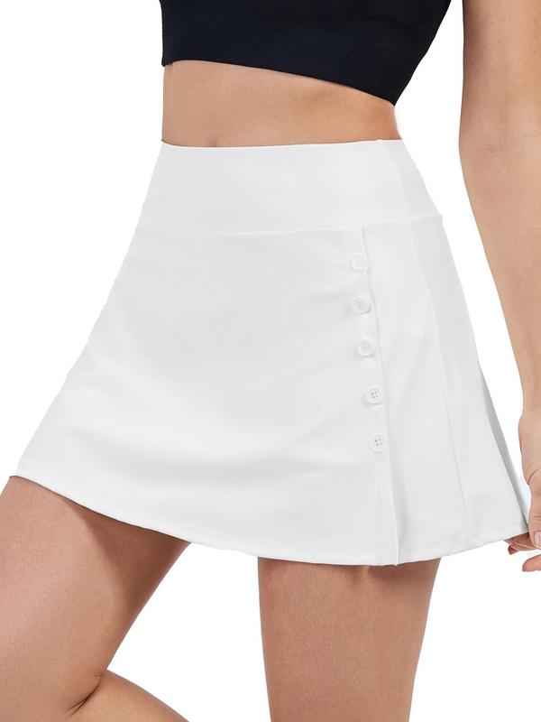 Women's Plain High Waist Button Front Sports Skort, Casual Pocket Design Skort for Gym Yoga Running Workout, Ladies Gym Shorts Sportswear for All Seasons