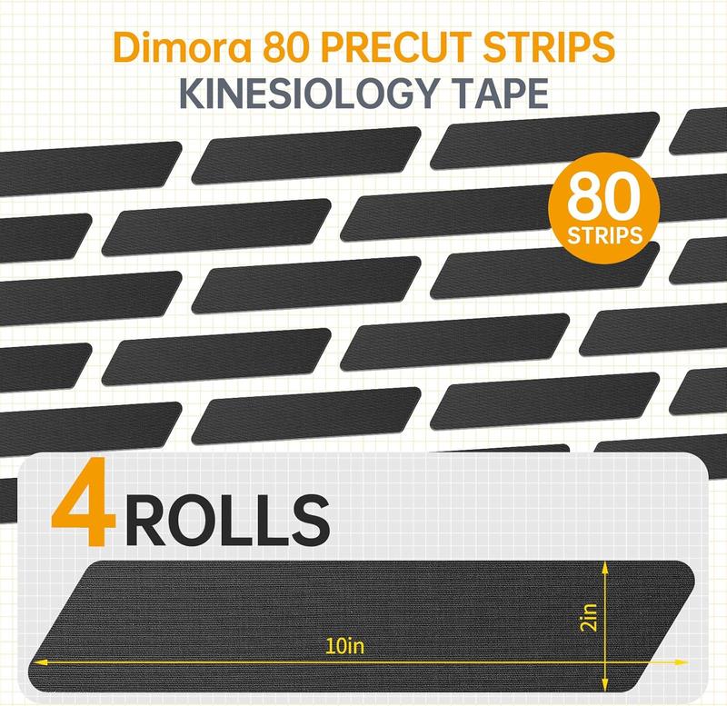 Dimora Kinesiology Tape 4 Rolls - Elastic Cotton Athletic Tape, 16.4 ft, 80 Pre-cut Tapes, Premium Tape for Muscle Pain Relief and Joint Support