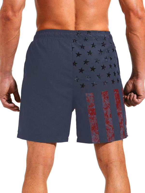 Men Swim Trunks Regular Fit Flag Print Drawstring Waist Beach Shorts, Casual Pocket Gym Shorts for Holiday Vacation, Fashion Men's Swimwear Bottoms for All Seasons