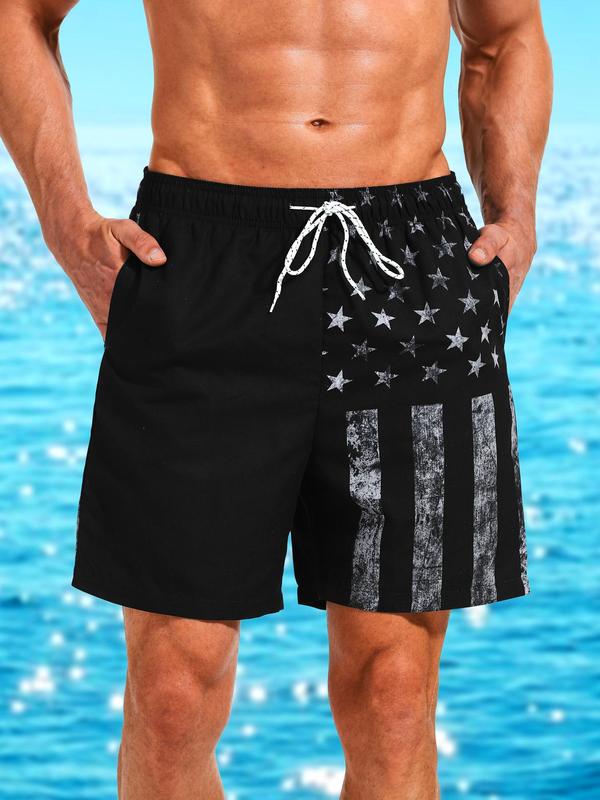 Men Swim Trunks Regular Fit Flag Print Drawstring Waist Beach Shorts, Casual Pocket Gym Shorts for Holiday Vacation, Fashion Men's Swimwear Bottoms for All Seasons