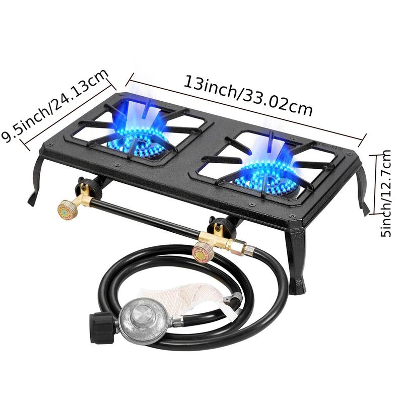 Double Burner Camp Stove]1800W, CSA Listed, Regulator & Hose Included, Durable Cast Iron, Perfect for Outdoor Cooking, Camping, and Picnicking - Silver