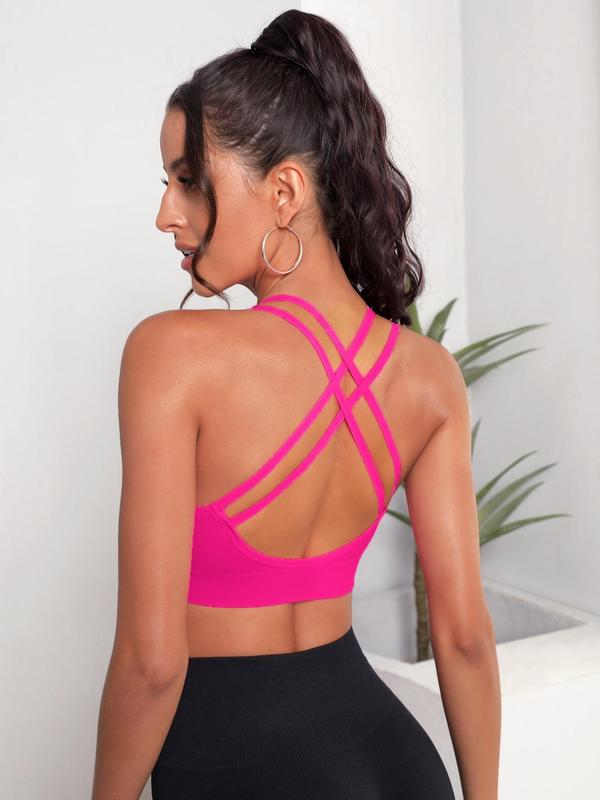 Women's Criss Cross Backless Scoop Neck Sports Bra, Solid Basic High Stretch Wireless Sports Bra, Gym Clothes, Women's Sports Bras for Workout Gym Yoga