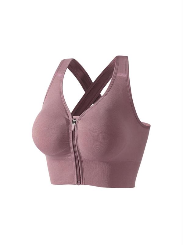 Women's Criss Cross Ruched Zipper Front Sports Bra, Solid Color Comfortable Breathable Sports Bra, Ladies Sportswear for Gym Yoga Workout