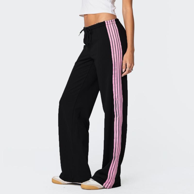 Women Y2k Track Pants Baggy Striped Joggers Sweatpants Elastic Waist Color Block Parachute Pants with Pockets