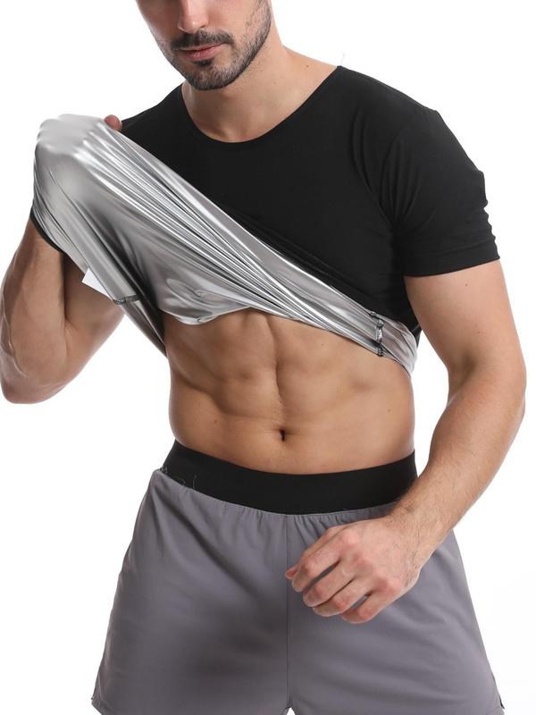 Men's Solid Round Neck Athletic Sauna Tee, Sporty Short Sleeve Compression T-shirt, Summer Outfits 2024, Compression Shirts, Men's Top for Workout Fitness Gym