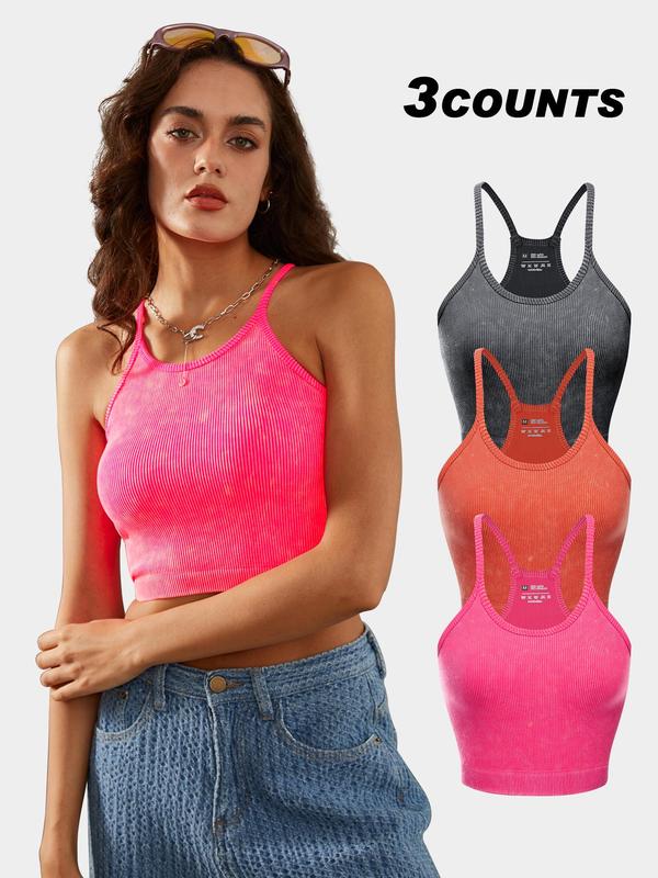 Women's Textured Ribbed Sports Vest, Women Solid Sleeveless Spaghetti Strap Crop Top for Yoga Gym Workout Running Tennis Pickleball, Back To School Ladies Sportswear Clothing, Cute Gym Clothes, Fall Clothes