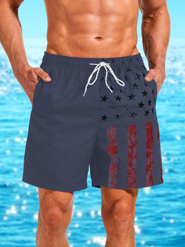 Men Swim Trunks Regular Fit Flag Print Drawstring Waist Beach Shorts, Casual Pocket Gym Shorts for Holiday Vacation, Fashion Men's Swimwear Bottoms for All Seasons