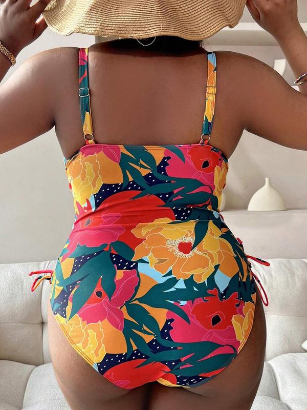 Plus Size Floral Print Drawstring One-piece Swimsuit, Boho Adjustable Strap Scoop Neck Swimwear, Women's Swimsuit for Summer