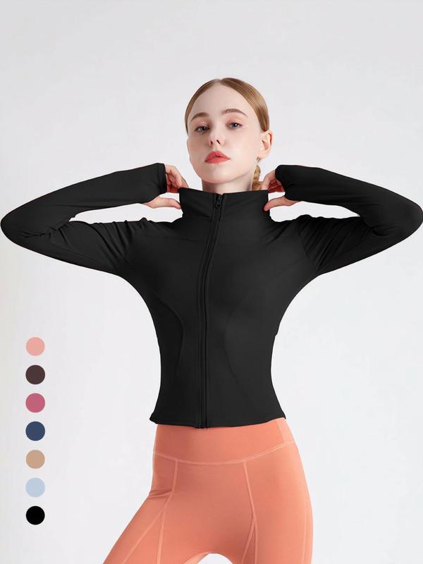 Women's Solid Zip Up Thumb Hole Design Jacket, Long Sleeve Stand Collar Zip Front Outerwear for Gym Workout Running, Ladies Sportswear for All Seasons