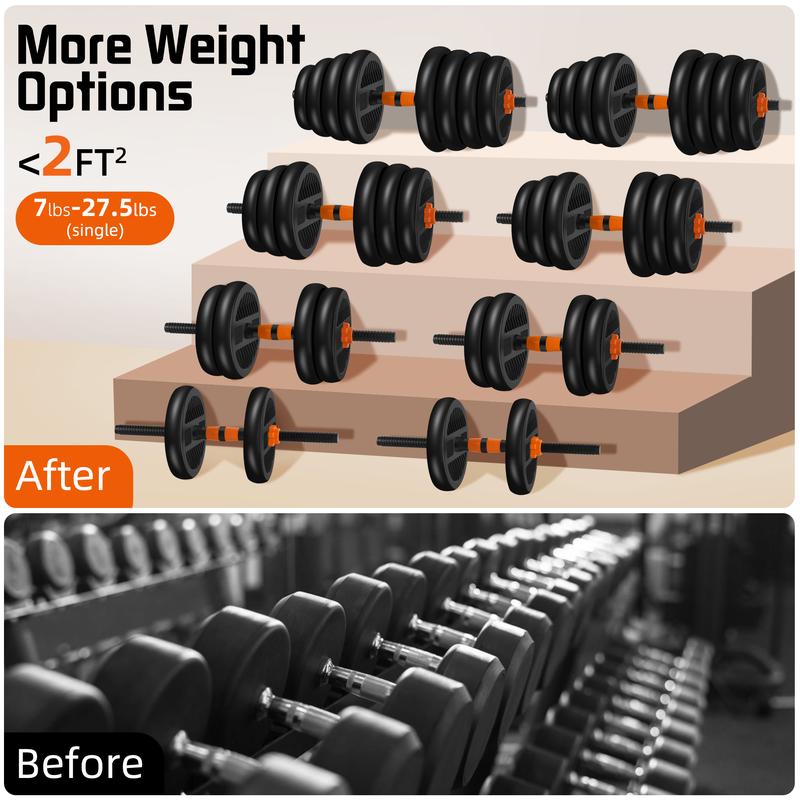 66LBS 4 in 1 Adjustable Dumbbell Set with Connecting Rod Used as Barbell, Kettlebells, Push up Stand, Fitness Exercises for Home Gym, Orange