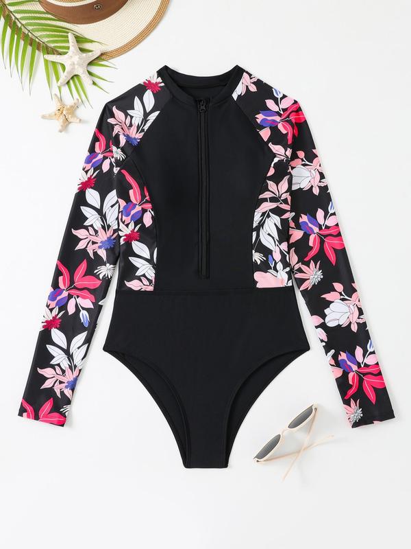 Women's Patchwork Floral Print Zip Up Diving Suit, Long Sleeve Zip Front Swimwear, Ladies Professional Diving Suit for Summer