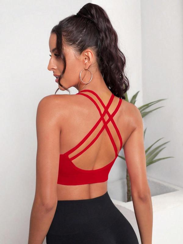 Women's Criss Cross Backless Scoop Neck Sports Bra, Solid Basic High Stretch Wireless Sports Bra, Gym Clothes, Women's Sports Bras for Workout Gym Yoga