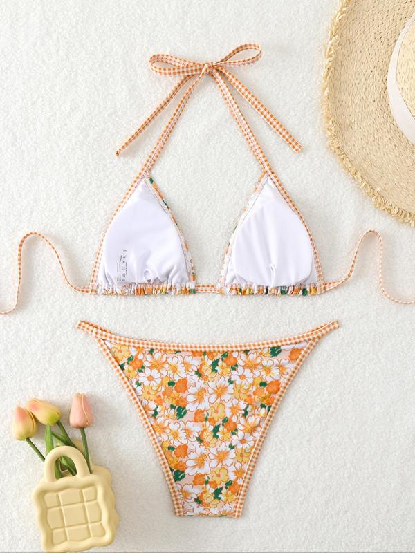 Two-Piece Set Women's Floral Print Contrast Binding Halter Wireless Triangle Bikini Top & Tie Side Swim Thong Bikini Set, Casual Fashion Chic Swimwear Set for Beach Holiday Vacation, Ladies Summer Clothes