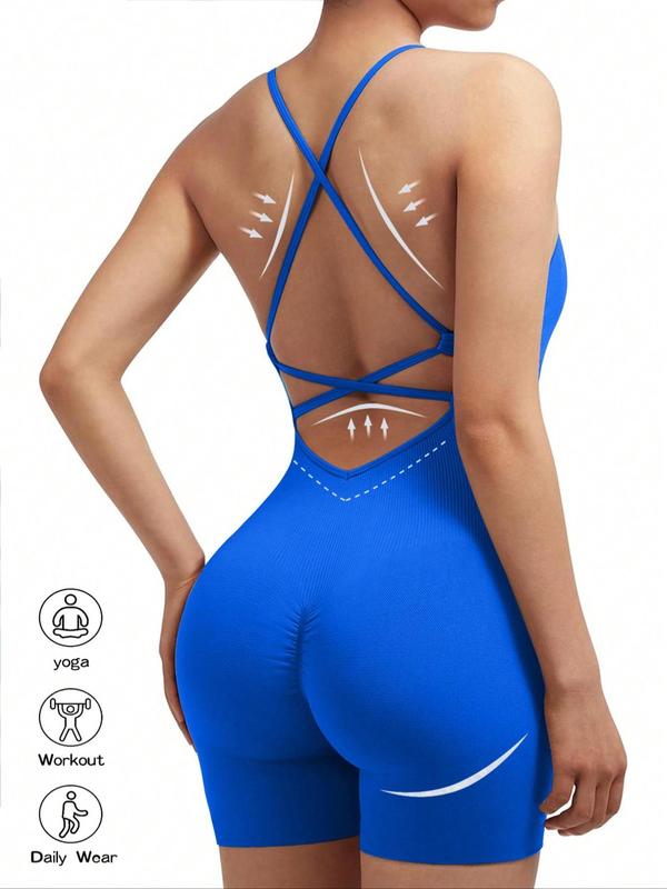 Women's Solid Criss Cross Backless Sports Romper, High Stretch Seamless Quick Drying Ruched Breathable Sports Jumpsuit For Yoga Gym Workout, Ladies Sportswear For All Seasons, Tummy Control