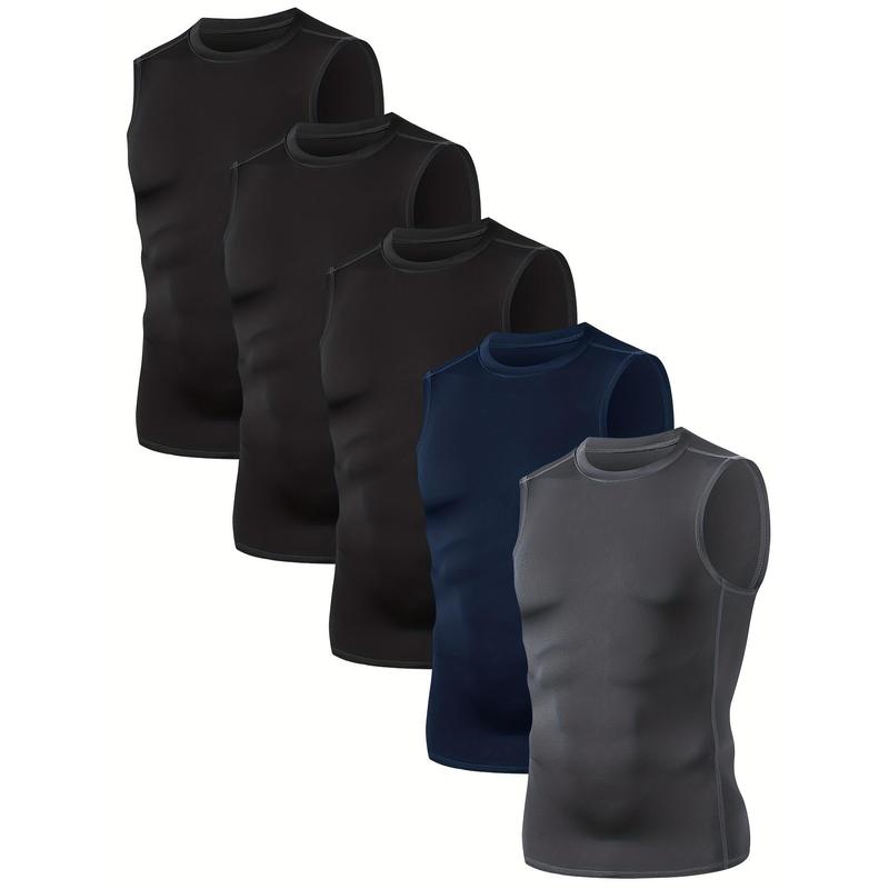 5 Pack Mens Sleeveless Compression Athletic Tank Tops - Moisture-Wicking, Medium Stretch, Quick-Drying, Breathable, Regular Fit - Ideal for Basketball, Running, Hiking, Outdoor Training, Casual Wear in Spring, Summer, Fall and Winter