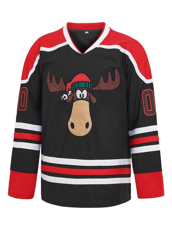 Men's Moose & Striped Embroidery Hockey Jersey, Casual Long Sleeve V Neck Sports Top for All Seasons, Fashion Men's Sportswear for Outdoor Activities