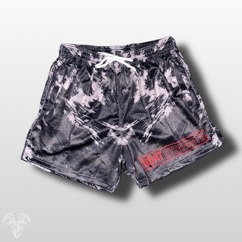 Black Scratch Ripped Camo Mesh Gym Shorts - 5 inch inseam shorts- Zipper Pockets