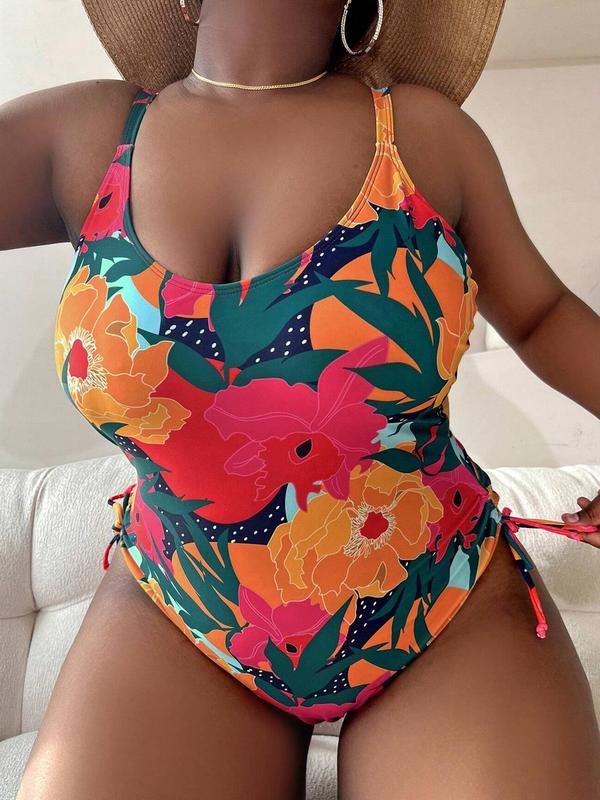 Plus Size Floral Print Drawstring One-piece Swimsuit, Boho Adjustable Strap Scoop Neck Swimwear, Women's Swimsuit for Summer